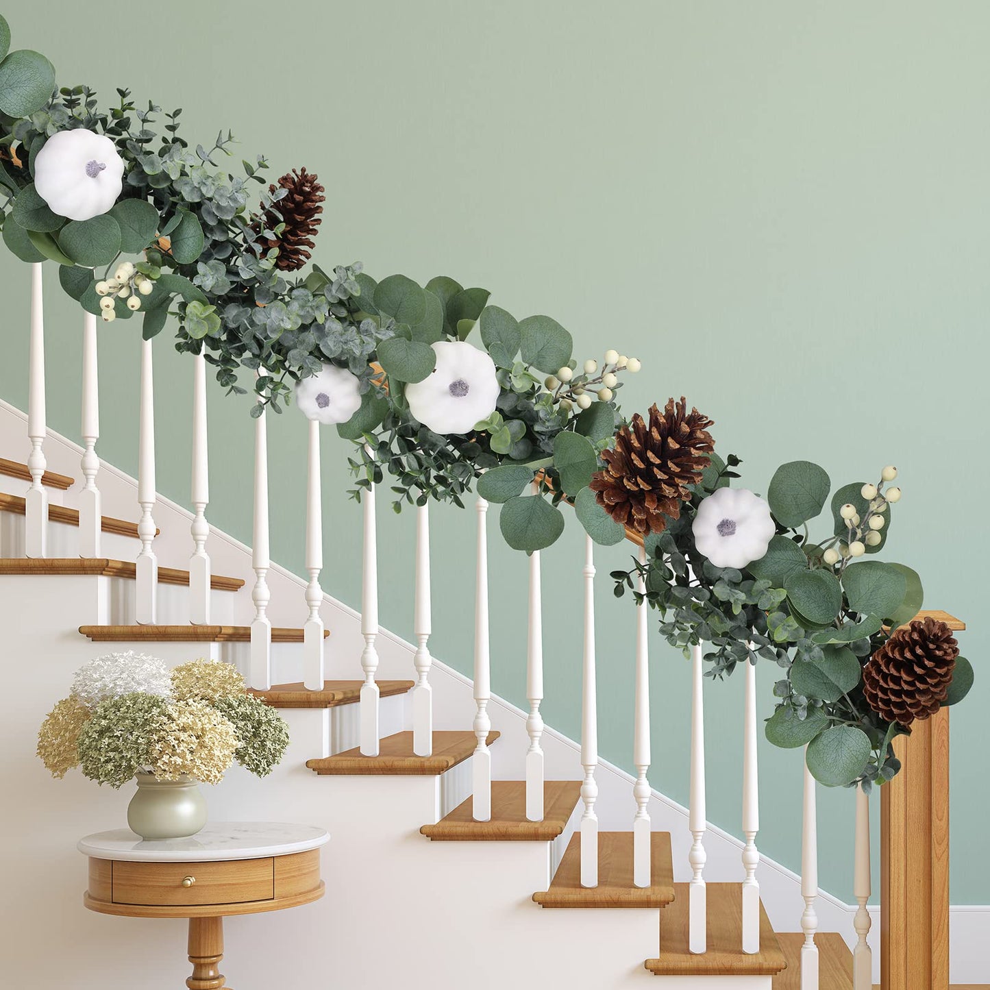 Winlyn Fall White Pumpkin Artificial Eucalyptus Garland with Pumpkins Pinecones Berries - Fall Decor, 5.9' L - Farmhouse Wedding Arch Backdrop, Thanksgiving Mantel, Table Runner, Centerpiece
