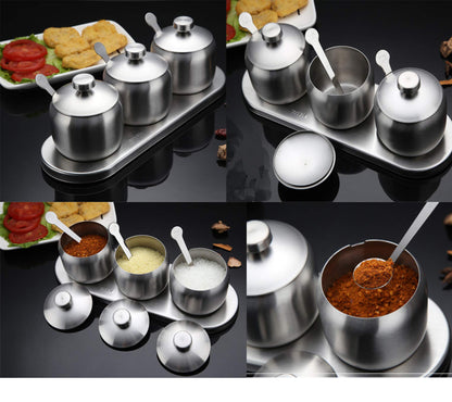 TENTA KITCHEN TENT 18/8 Stainless Steel Seasoning Containers Set Spice Jar Spice Rack Condiment Cruet Bottle Salt Pepper Sugar Storage Organizers with 3 Serving Spoons And Non-slip Base