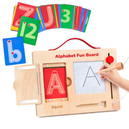 JoyCat Wooden Letter Tracing Board for Toddlers 3-5, Magnetic Alphabet & Number Writing Practice Board with 36 Double-Sided Cards, Reusable Preschool Handwriting Toy, Travel Learning Activity