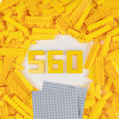 Cabeeskii 560 Pieces Yellow Classic Building Blocks Bulk with 2 Base Plates, Building Bricks in 7 Size, Compatible with All Major Bricks, for Kids & MOC Lovers