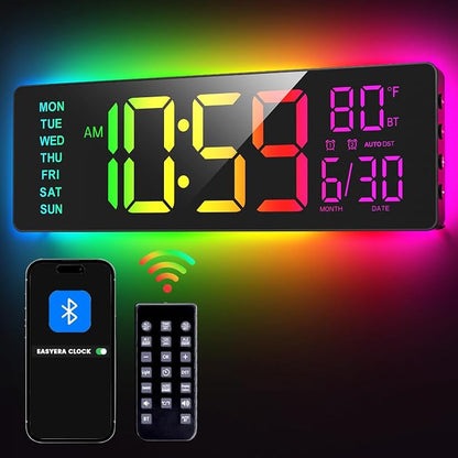 EASYERA 16.5" Large Digital Wall Clock with BT Sync, RGB Lights with 11 Scenes Mode Remote Control, Big LED Clock with Dual Alarms, Auto DST, Temperature for Classroom Gaming