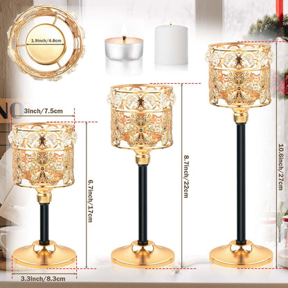 Kehail Set of 12 Floral-Carved Crystal & Metal Tealight Candelabras Bulk- Elegant Gold & Black Wedding Centerpiece, Dining Table Decor, Votive Candle Holders