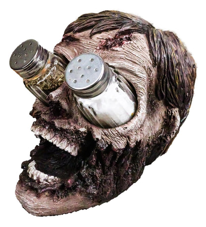 Ebros Walking Undead Gory Eyeless Zombie Head Salt And Pepper Shakers Holder Figurine Set With Glass Shakers 5.5"H Scary Decor Statue