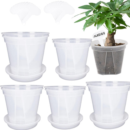 AUGXIXI 10 Sets Transparent Plastic Garden Pots Planter with Saucer 3.9/4.7/5.5/5.9/6.3 inch Plant Pot Nursery Pots Drainage Hole for House Plants, Herb, Flowers, and Cactus with 20pcs Plant Labels