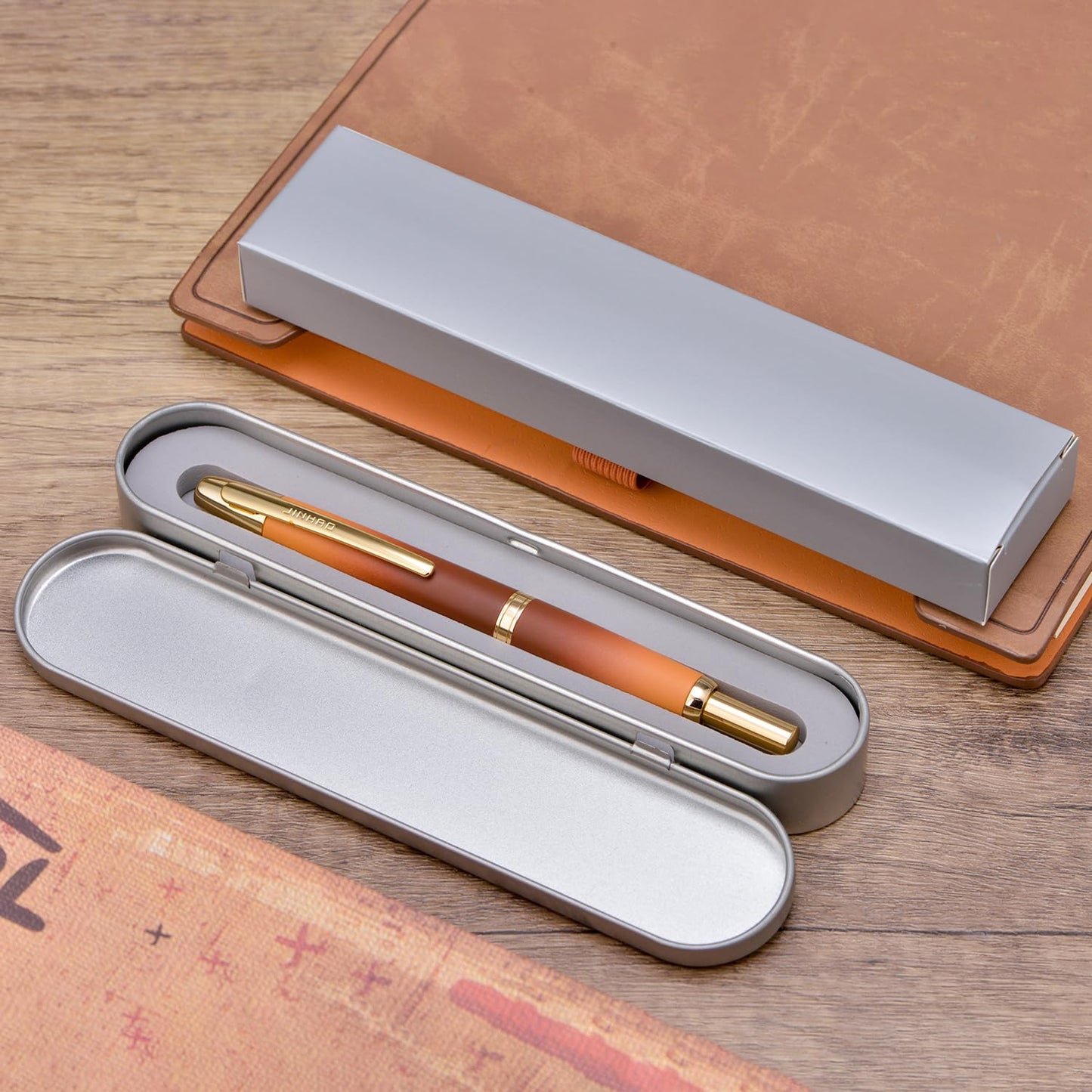 Jinhao 10 Press Fountain Pen with Box, Caramel Orange Gradient Retractable Extra Fine Nib with Ink Converter Set (Golden Clip)