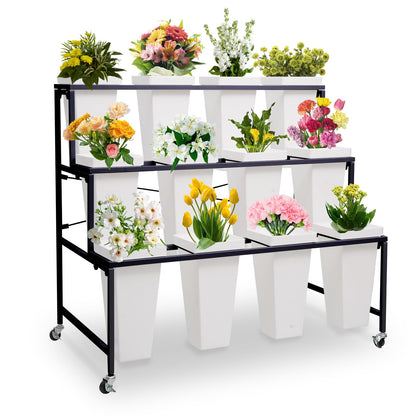 Flower Display Stands with Buckets, 3-Tier Rolling Plant Stand with Locking Wheels - Heavy Duty Metal Flower Cart for Indoor/Outdoor Use, Wedding Decor & Florist Displays (Holds 12 Pots) (Black)