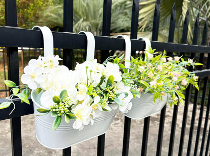 Joyfernal 12" Balcony Railing Planters, Outdoor Hanging Planter for Fence, Stylish Metal Porch Deck Flower Pot for Herbs & Succulents (White, Pack of 2)