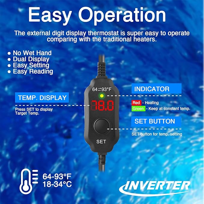 Aquarium Heater 200W, Submersible Fish Tank Heater with LED Digital Display, Auto Power-Off When Leaving Water & High Temp Protection, for Fresh and Salt Water Tanks 20-40 Gal
