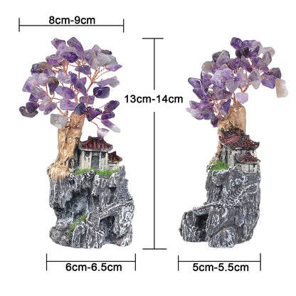 SUNYIK Resin Mountain Tree Fairy House Decor Chakra Crystal Money Tree Miniature Figurine Household Landscape Decor Indoor Garden Village, Amethyst