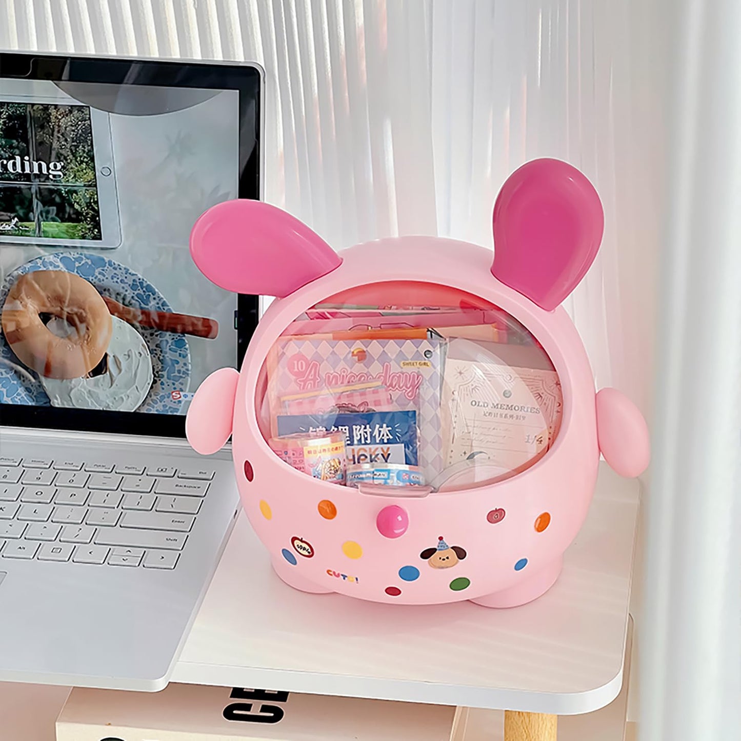BeeChamp Cute Bunny Mini Trash Can with Lid - Small Cartoon Rabbit Desk Organizer, Storage Box for Kids Room, Office, Bathroom - Adorable Waste Bin for Home & School (Pink)
