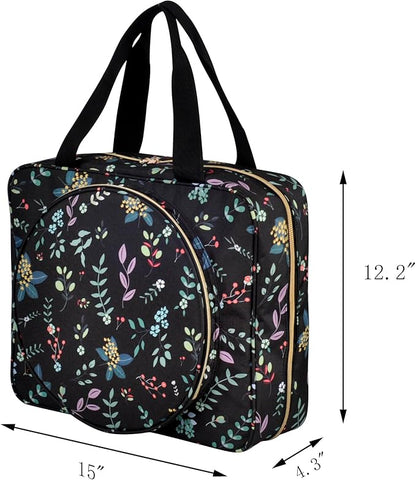 Portable Square Cross Stitch Starter Kits Bag Embroidery Project Bag Embroidery Tool Storage Tote Bag with Multifunctional Pockets, Bag Only (Black Leaves)