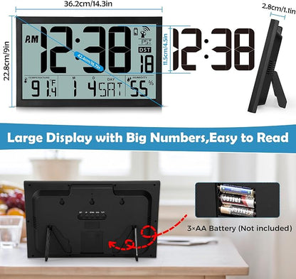 SZELAM Atomic Clock,16.7" Large Display Digital Wall Clock Battery Operated,Digital Calendar Auto Setting Desk Clocks with Indoor Temperature, Humidity,Date,Day,Auto DST for Elderly Bedroom Classroom