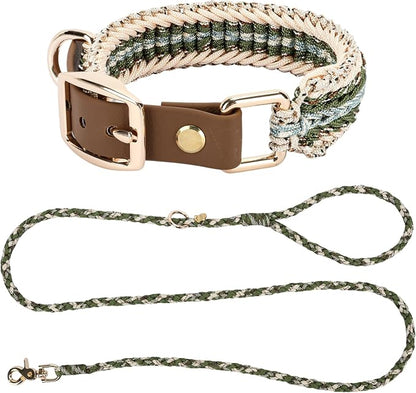 Tirevt Hand-Woven Dog Collar and Leash Set:Color-Block Design, Premium Reinforced Buckle, Adjustable Artisan Paracord for Puppies, Small, Medium & Large Dogs (Green, XS)