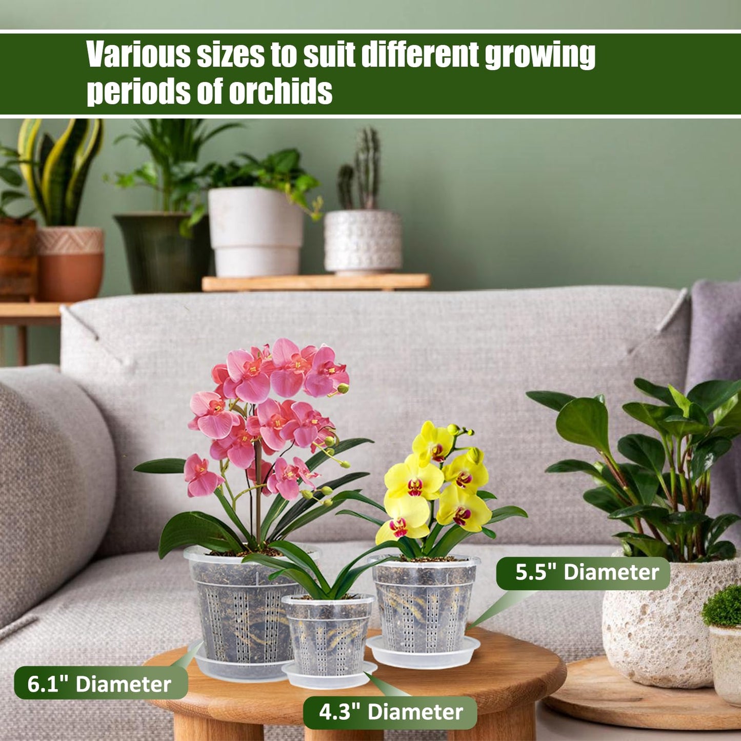 Orchid Pot with Saucers, 2 Each of 4.3",5.5",6.1" Orchid Pots with Holes, 6Pcs Clear Plastic Planter for Indoor Outdoor Plants (2 Each of 4.3,5.5",6.1" with Saucers)