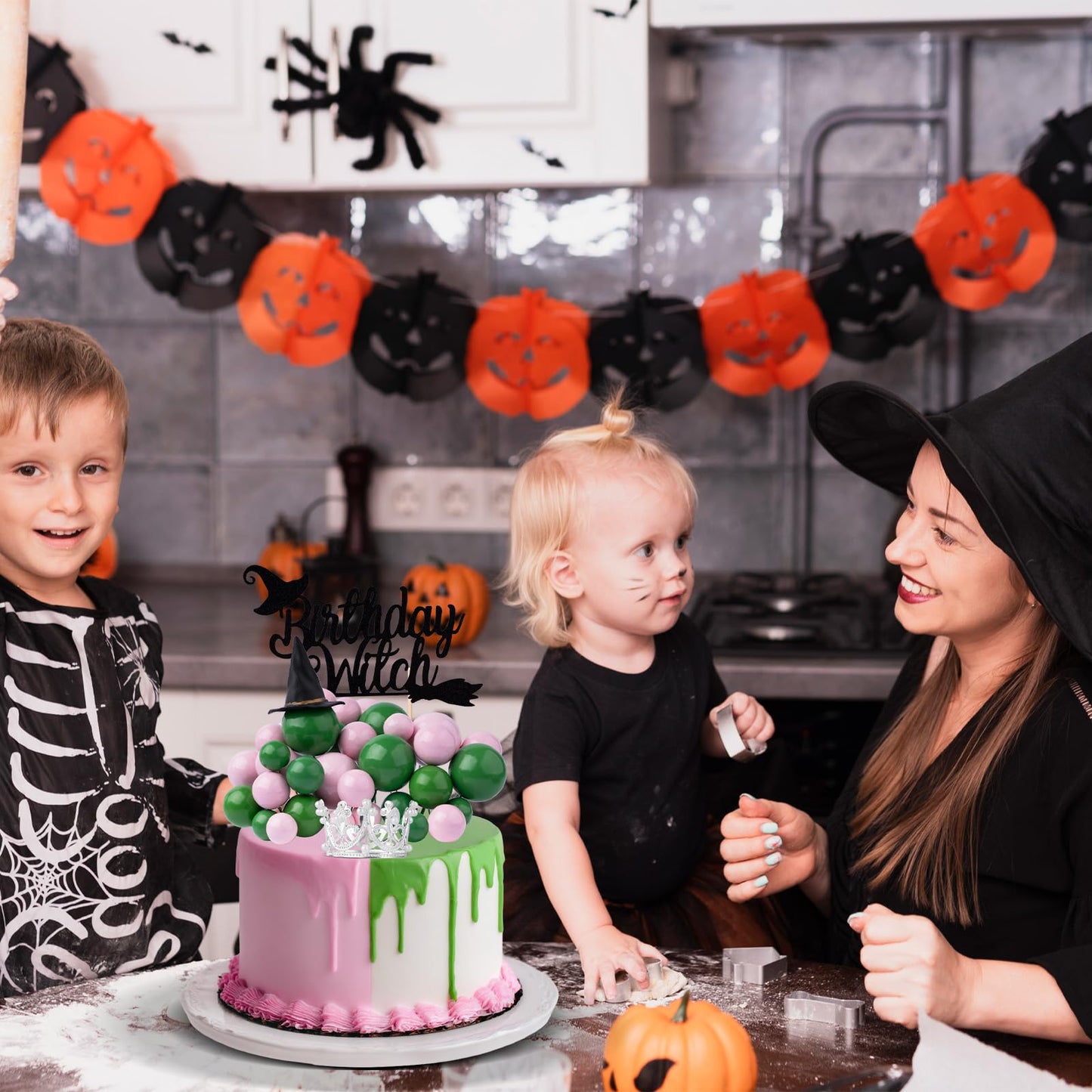 35 Pcs Wicked Party Decorations Supplies Witch Cake Topper Set with Crown Witch Hat Non Edible Cupcake Toppers for Pink and Green Birthday Decoration