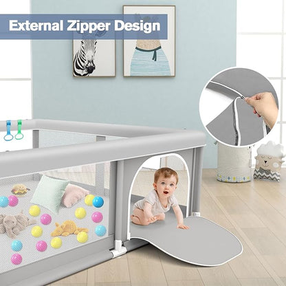 Baby Playpen with Balls and Pull Rings for Babies and Toddlers 50 x 50 inch, Play Yards Indoor, Sturdy Safety Play Pen with Soft Breathable Mesh, Baby Fence