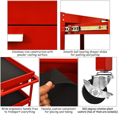 ERGOMASTER Metal Service Utility Cart with Wheels - 500LBS Tool Cart Heavy Duty Rolling 3-Tier Storage Organizer, for Garage Industrial Cart (Red)