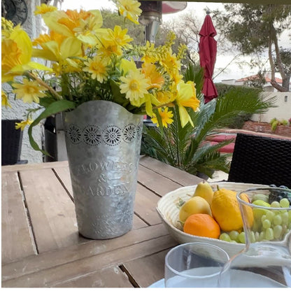 Lily's Home Set of 2 Rustic Farmhouse Galvanized Metal Wall Planters, with Floral Accents for Indoor or Outdoor Artificial Greenery. Rustic Hanging Flower Holders Wall Decor