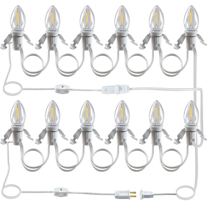 Wltotuay C7 LED Light Bulb Cord Clip Lights, 12 Bulbs, Brass, White, Model 6LED for Christmas and Party Decorations