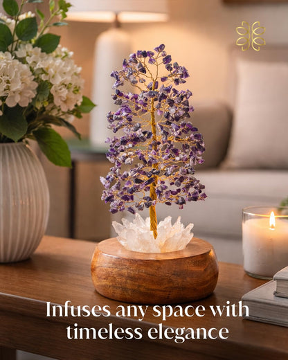 Amethyst Crystal Tree of Life with LED Light, Handcrafted Gemstone Bonsai on Quartz Base & Acacia Wood Stand – Spiritual Home & Office Décor, Feng Shui, Gift for Women