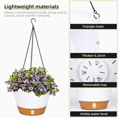 QCQHDU 2 Pack 8 Inch Hanging Planters for Indoor Outdoor Plants, Hanging Baskets Flower Pots with Reservoir Tray & Visible Water-Level