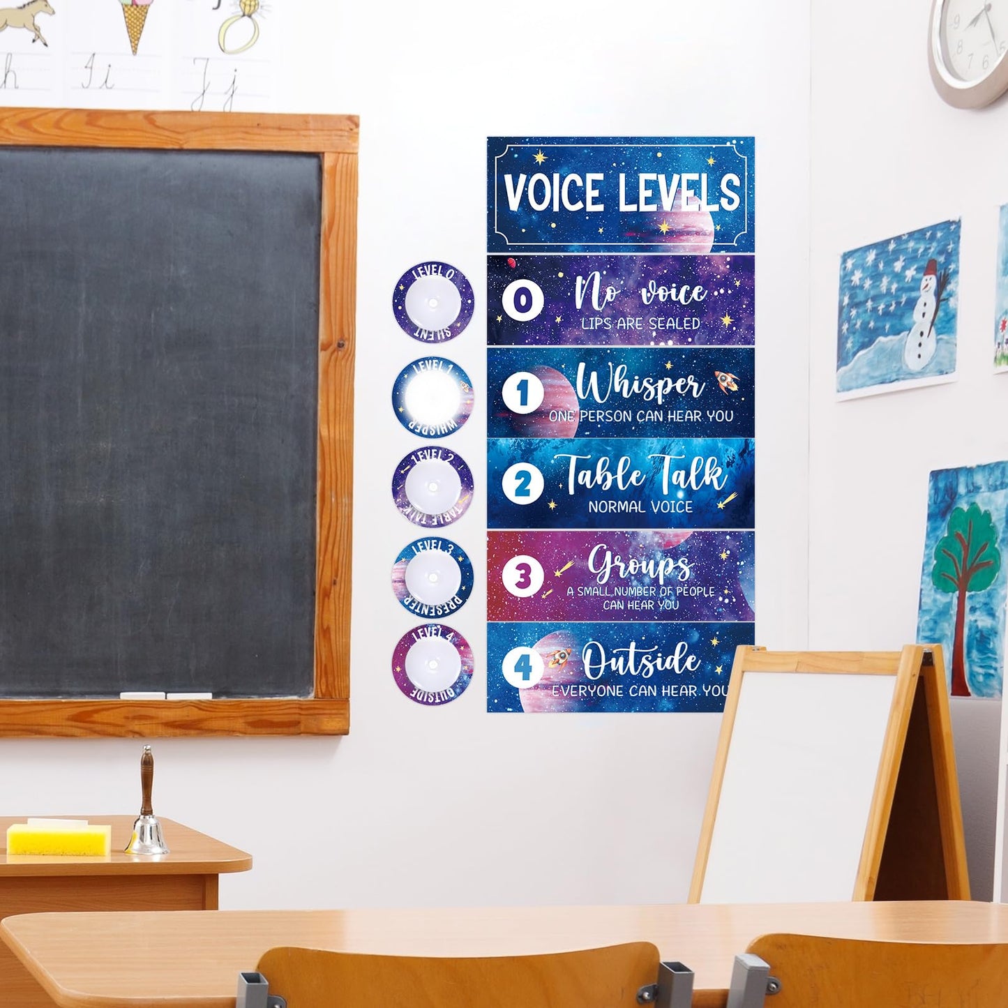 5 Pcs School Push Light and Voice Level Poster Voice Level Chart Monitor Rules Sign Galaxy LED Tap Light Classroom Rules Poster Solar System Classroom Management Tools for Teachers（Space Style）
