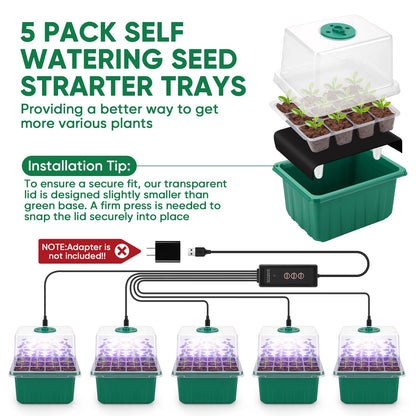 BlumWay Self-Watering Seed Starter Tray Kit with Grow Light and Humidity Dome,3 Color Growing Light,5-Pack 60-Cell Plant Seedling Tray,Reusable Plastic Germination Trays,Timed Light Plant Starter Set