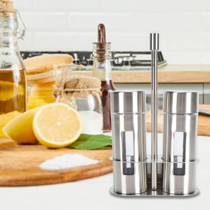 2 Pcs Salt and Pepper Shakers Set, Seasoning Grinder Bottle Set Stainless Steel Salt Pepper Containers Set with Shelf and Caps, Spice Rack for Kitchen (Large)