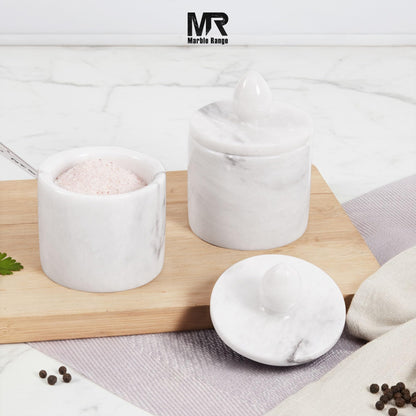 Marble Salt Cellar with Lid and tray 4 Inch White Handmade Salt Container, Set of 2 Seasoning Jars, Spice Storage Containers for Kitchen Countertop, Sugar Bowl