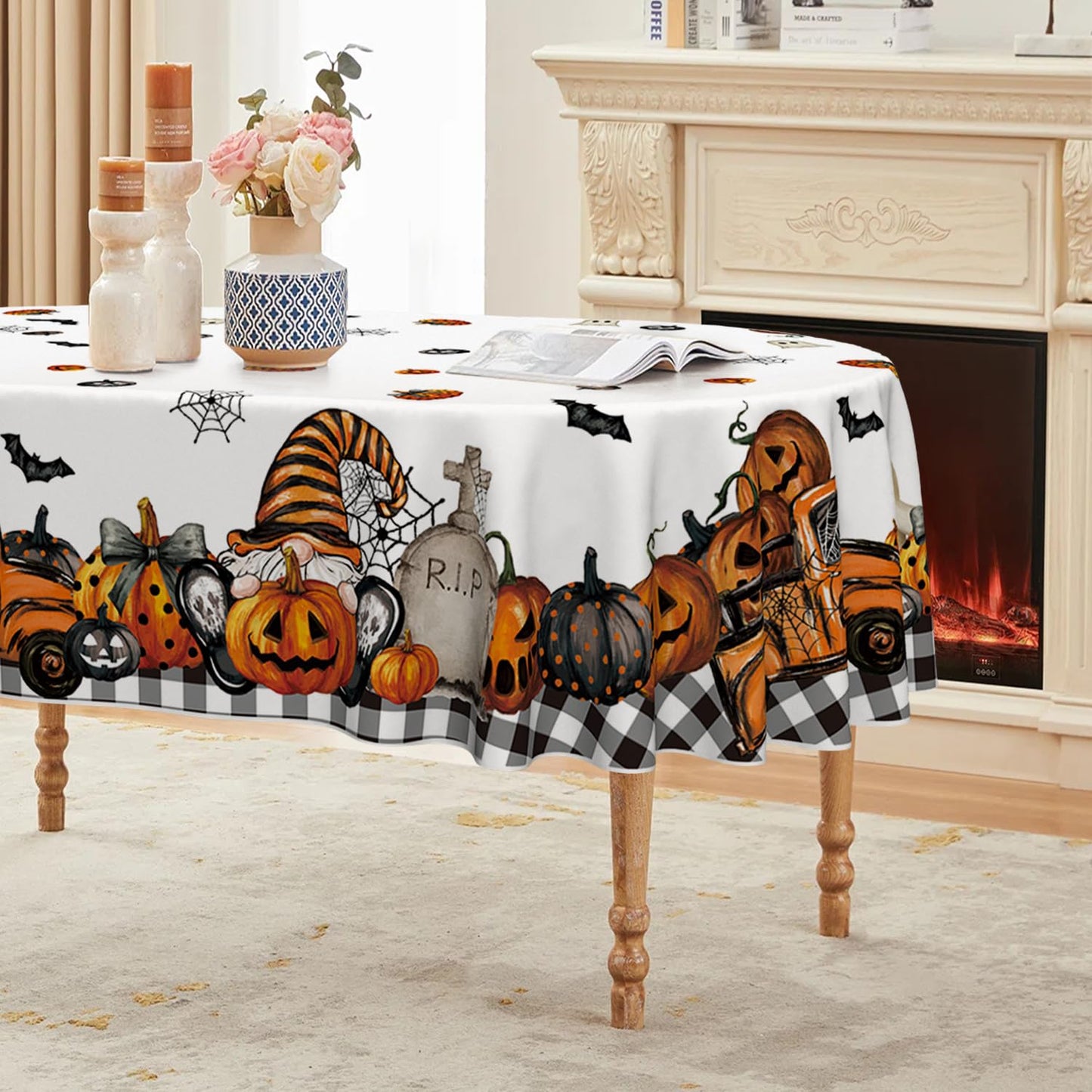 Horaldaily Halloween Tablecloth 60×84 Inch Oval, Ghost Pumpkin Washable Table Cover for Party Picnic Dinner Decor