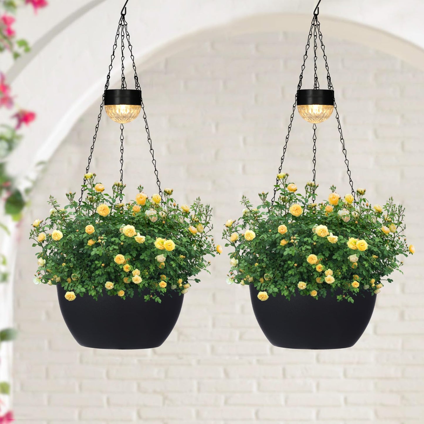 SUNNYPARK 2 Packs Hanging Planters Basket for Outdoor Plants, Solar Powered Self Watering Black Round Plastic Flower Pots with Drainer for Balcony Patio Garden Outdoor Decoration