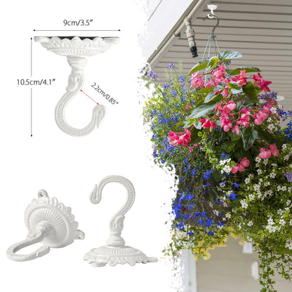 Sungmor Heavy Duty Ceiling Hooks for Hanging Plants, 2PC White 3.5x3.9Inch Large Cast Iron Ceiling Hooks, Antique Decorative Ceiling Swag Hooks for Hanging Planter Chandelier Wind Chime Lantern Hanger