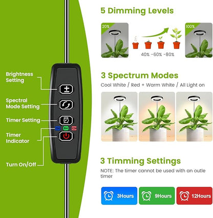 Kullinss Plant Light, 48 LEDs Full Spectrum Plant Lights for Indoor Growing, Halo Plant Light with 3/9/12H Timer, 3 Color Modes, 10 Brightness, Height Adjustable Grow Lamp for Small Plants (3 Pack)