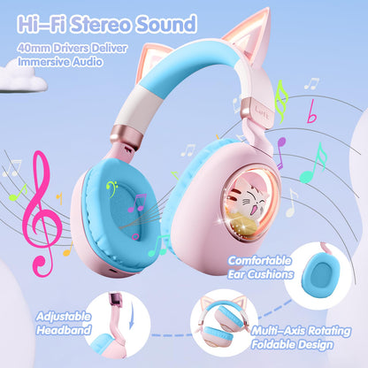 esonstyle Kids Headphones Cat Ear - Bluetooth 5.4 Over-Ear Noise Cancelling Headphones with Microphone LED Lights Up 85dB Safe Volume Limit Wireless or 3.5mm Wired USB C(Pink Blue)