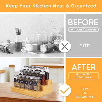 MillTu Bamboo Spice Rack Organizer for Cabinet 2 Pack - 3 Tier Countertop Step Shelf, Seasoning Storage Stand for Kitchen Pantry, Spice Holder for Jars Bottles Cans (Natural)