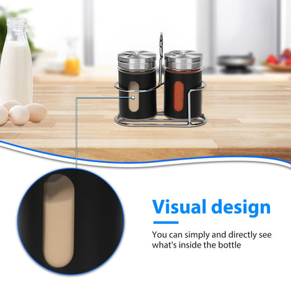 Glass Salt and Pepper Shaker Set with Seasoning Rack, Spice Rack, Adjustable Pour Hole Stainless Steel Lid, 2.8 oz, Spice Dispenser for Salt, Pepper, Spice Preservation (black)