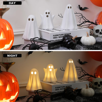 Light Up Ghost Halloween Decor - 3 Pack Ceramic White Ghost Figurines - Indoor, Table, Tray