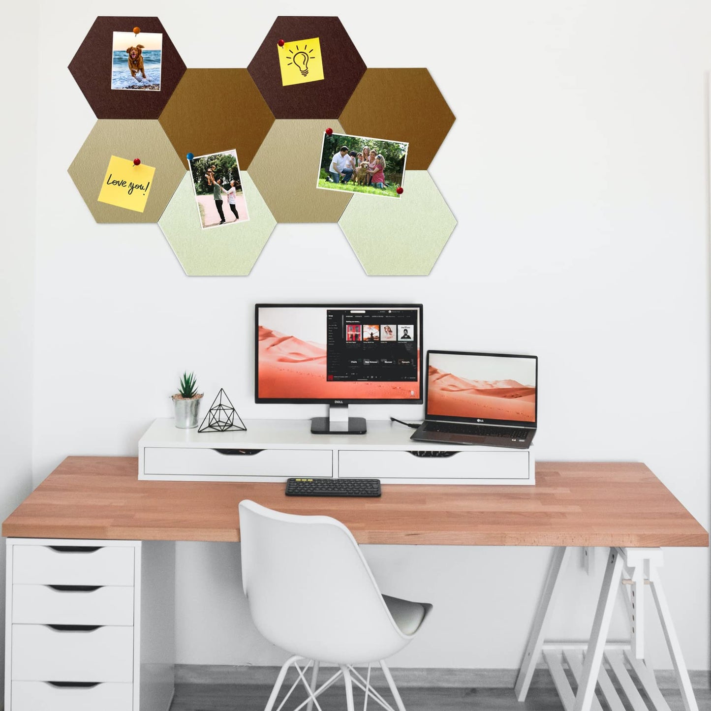 HULAVO 8 Pcs Hexagon Felt Cork Bulletin Board Tiles, Self Adhesive DIY Bulletin Board Pin Board for Office School Home Wall Decor Memos Photos Display (Gradual Brown)