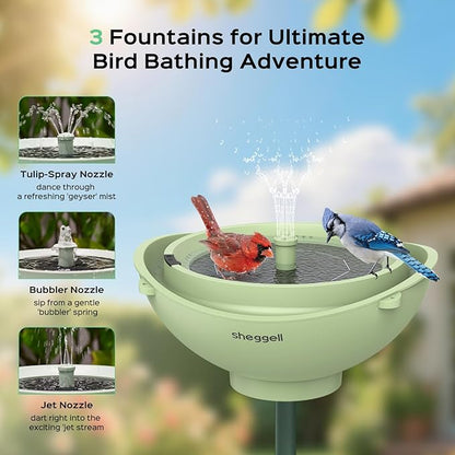 Sheggell Smart Bird Bath, 2L Large Capacity with Water Circulating Filtration, Solar Bird Bath with 3 Fountain Modes, Hanging & Freestanding Design, IPX6 Waterproof, Birdbath for Yard（Light Green）