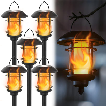 Dynaming 6 Pack Solar Flame Torch Lights Outdoor, Halloween Dual Use Flickering Flame Garden Light, Christmas Hanging Lanterns, Auto On/Off & Waterproof Lighting for Lawn Patio Yard Walkway Driveway