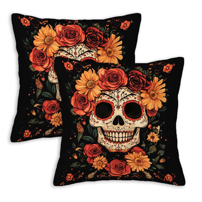 FexNuvko Sugar Skull Throw Pillow Covers 18x18 Set of 2, Day of the Dead Skull Floral Cushion Covers, Gothic Boho Decorative Pillowcase for Sofa Couch Living Room, Halloween Fall Home Decor