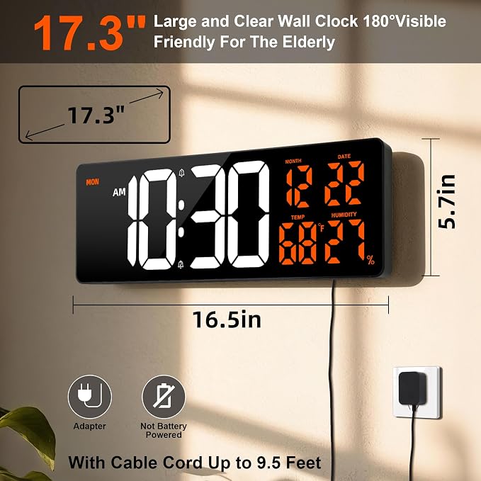 17.3" Large Digital Wall Clock Timer Alarm Clock with 8 Color Night Light | Led Large Display Mount Clock with Jumbo Number, Auto-Dimming/DST, for Classroom Living Room Gym Gift for Senior Mom Dad