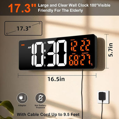 17.3" Large Digital Wall Clock Timer Alarm Clock with 8 Color Night Light | Led Large Display Mount Clock with Jumbo Number, Auto-Dimming/DST, for Classroom Living Room Gym Gift for Senior Mom Dad