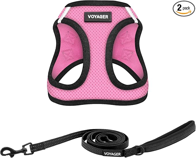Best Pet Supplies Voyager Step-in Air All Weather Mesh Harness and Reflective Dog 5ft Leash Combo with Neoprene Handle, for Small, Medium and Large Breed Puppies - Pink/Black Trim, XX-Small