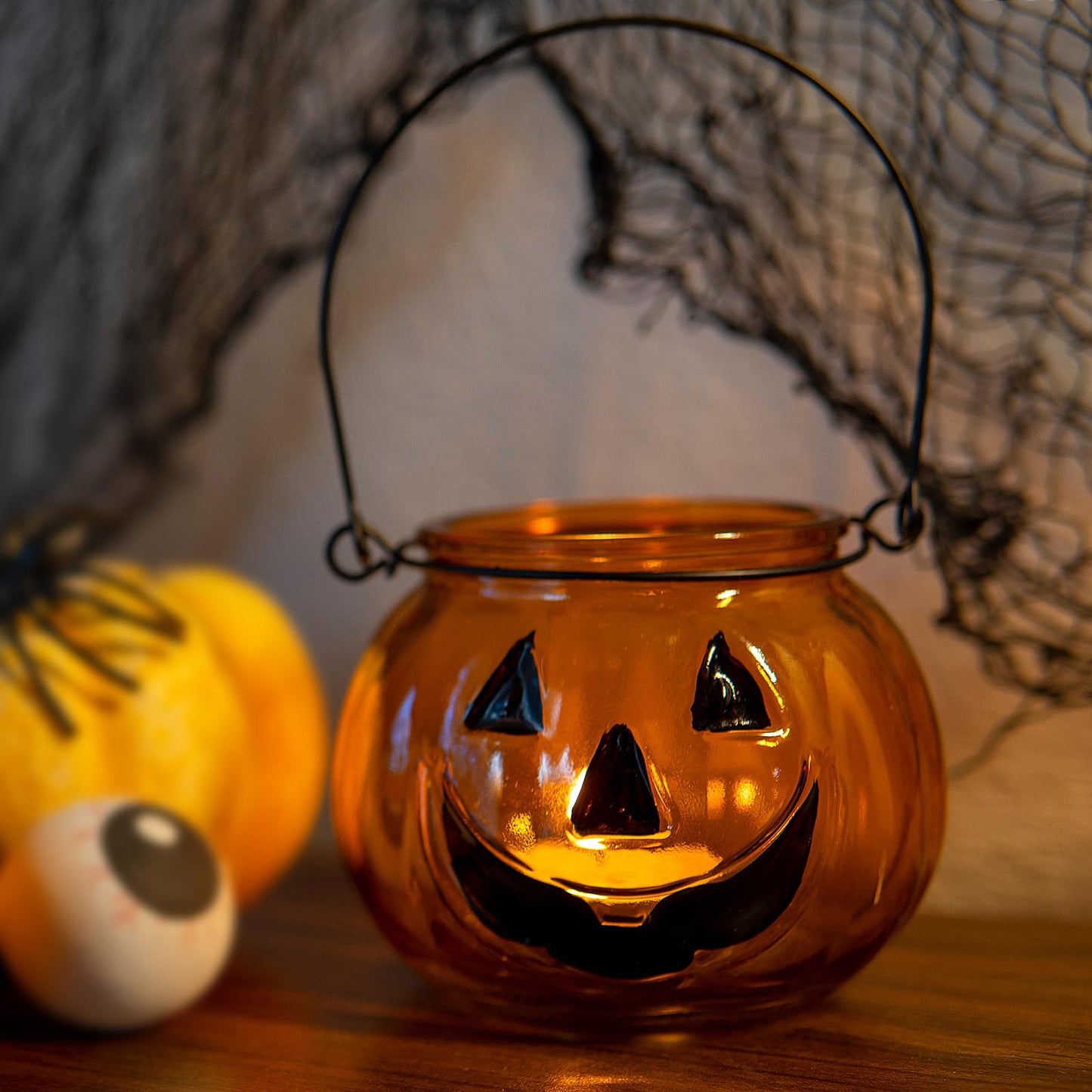 Halloween Candle Holders Set of 4, SHMILMH Tealight Votive Candle Holders with Grimace, Metal Hanging Pumpkin Jack O Lanterns Decorative Halloween Table Centerpiece Orange