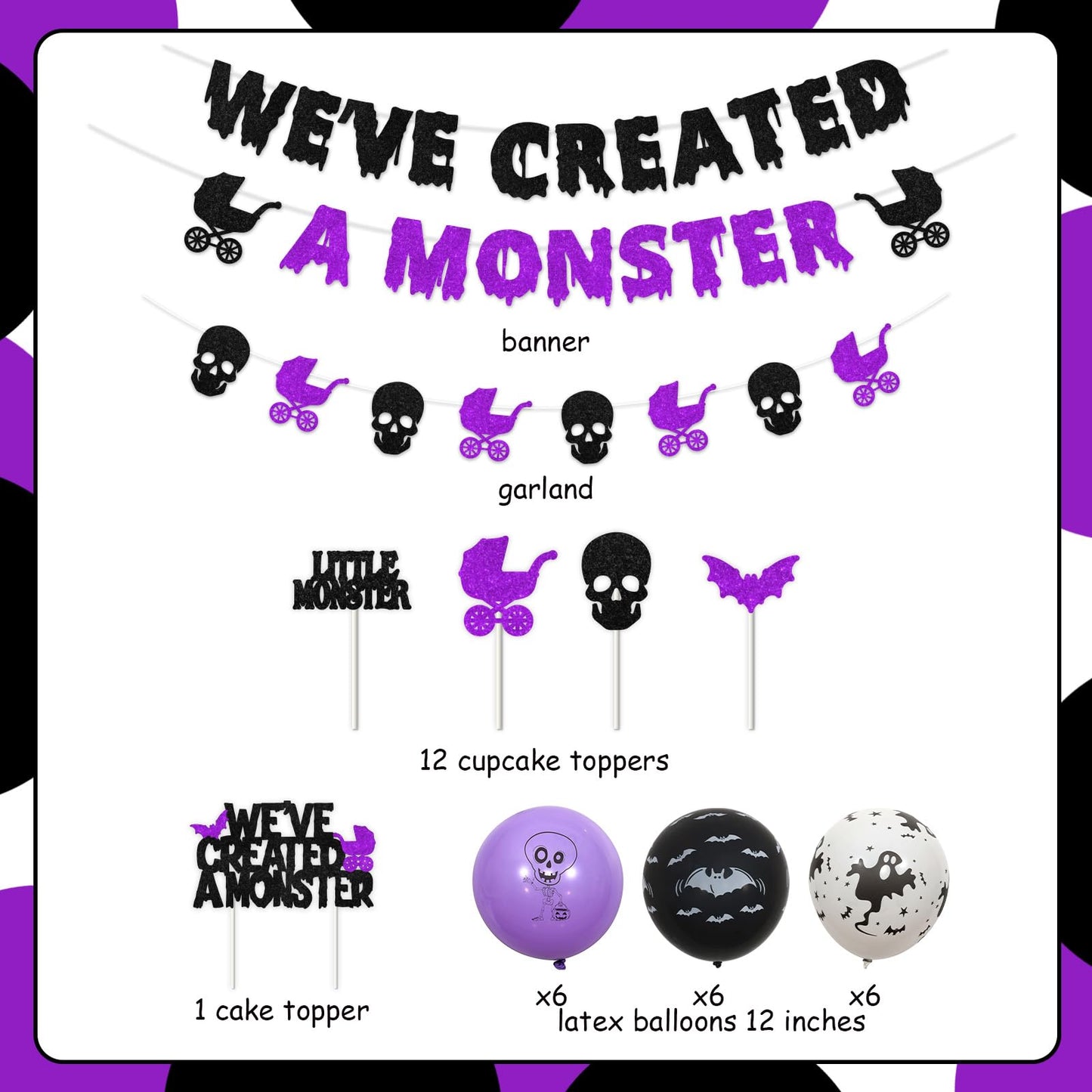 Fangleland Halloween Monster Baby Shower Decorations, Black Purle We've Created a Monster Banner Garland Cake Cupcake Toppers Balloons, Gothic Gender Reveal Pregnancy Announcement Party Supplies