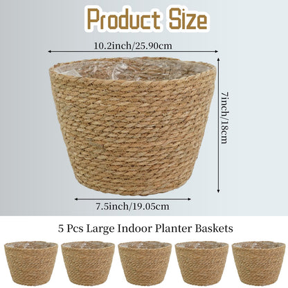 PEDOBALI 5 Pcs Large Premium Seagrass Planter Basket 10.2x7.5x7 Stylish Planter Baskets Woven Wicker Baskets with Plastic Lining for Indoor Outdoor Flower Plants Pots Cover Room Decor