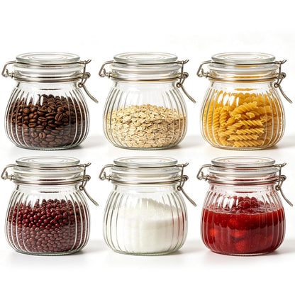 ComSaf 6-Pack 17oz Ribbed Glass Storage Jars with Airtight Clamp Lids, Decorative Wide Mouth Pint Canisters for Jam, Spices, Nuts, Coffee Beans, Snacks, Honey - Kitchen Pantry and Drawer Organization
