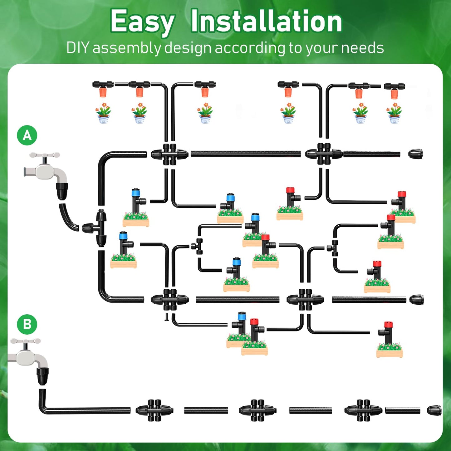 125FT Drip Irrigation System, Automatic Drip Irrigation Kit with 5/16" Main Tube & 1/4" Branch Tubing, Adjustable Drip Emitters, Garden Watering System for Flower Bed, Raised Beds, Lawn, Greenhouses