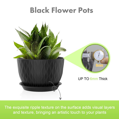 Meowell 12/10/9 inch Large Plant Pots, 3 Pack Wide Flower Pots for Outdoor Indoor Plants with Water Ripples, Big Plastic Planters with Drainage Holes and Saucers for Garden House Plants, Black
